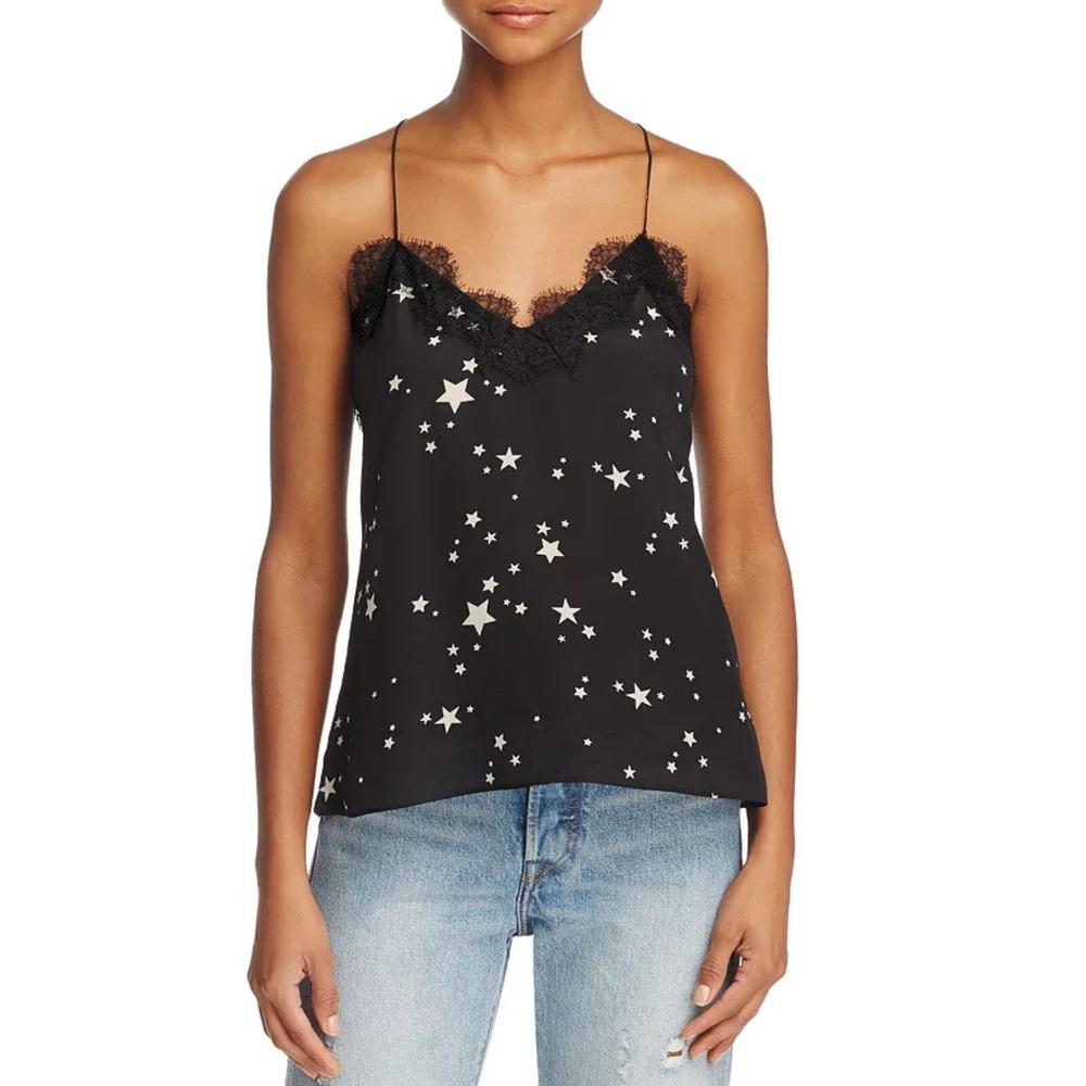 CAMI NYC Star Print Silk Racerback Women XS Black Star Print Lace Trim V Neck